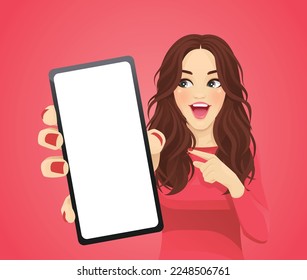 Surprised beautiful woman pointing to the blank phone screen vector illustration