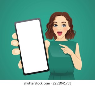 Surprised beautiful woman pointing to the blank phone screen vector illustration on green background