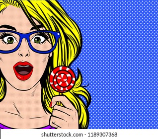 Surprised beautiful young blonde woman  with glasses holding lollipop. Pop Art Comic book style, retro, vintage illustration