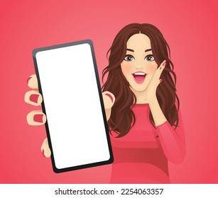 Surprised beautiful young woman showing blank phone screen vector illustration 