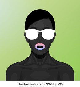 Surprised beauty vector Woman with open Mouth, black Skin and white Sunglasses on green Background