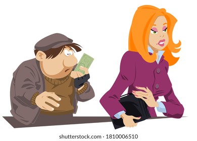 Sorprendido mendigo con billete en las manos. La chica ayudó al pobre hombre. Gente divertida. Ilustración bursátil.