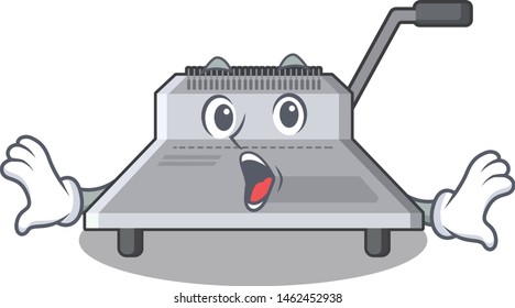 Surprised binding machine above wood table cartoon