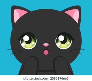 Surprised black cat in anime style set. Cute anime cat with big green eyes with sparkles. Vector illustration