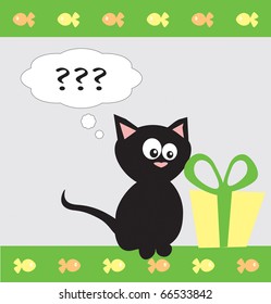 Surprised black cat near a gift. Against from small fishes