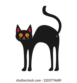 Surprised black cat with raised tail. vector illustration
