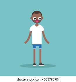 Surprised black man standing with protruding eyes and open mouth / flat editable vector illustration
