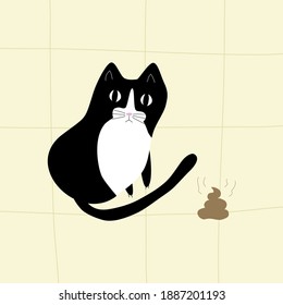 Surprised black and white cat with brown turd. Cartoon cat on a yellow background. Funny card. Doodle illustration vector.