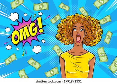 surprised black woman face wow with open mouth omg and Falling Down Money copy space for banner Pop art retro comic style