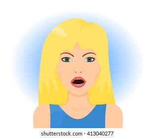 Surprised blond woman face with open mouth, vector illustration