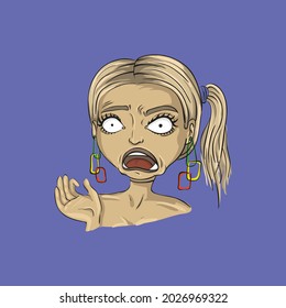 The surprised blonde opened her mouth in surprise. In a ponytail and long earrings.