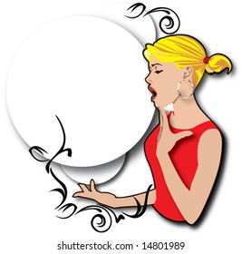 surprised blonde ponytail girl holding bubbles with black swirls