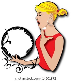 surprised blonde ponytail girl looking ball swirls vector illustration