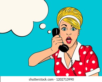 Surprised blonde woman on retro telephone. 
Advertising poster of gossip girl with red lips and omg face.
Vector illustration in pop art style