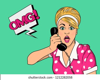 Surprised blonde woman on retro telephone. 
Advertising poster of gossip girl with omg face.
Vector illustration in comic style