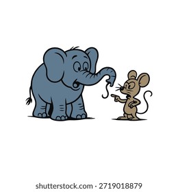 Surprised Blue Elephant Looking at a Small Bossy Brown Mouse Pointing Finger Funny Cartoon Vector Illustration
