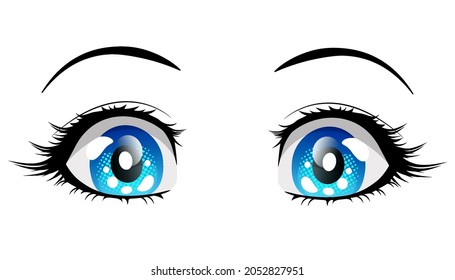 Sorprendidos ojos azules, anime girl. Ilustración vectorial al estilo manga aislada en fondo blanco. Imagen vectorial de una mirada penetrante, separada del fondo.