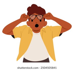 Surprised Boy Character Holding Glasses With Expression Of Astonishment. Vector Image Captures A Moment Of Shock And Unexpected Discovery, Emphasizing The Concepts Of Surprise, Reaction, And Emotions