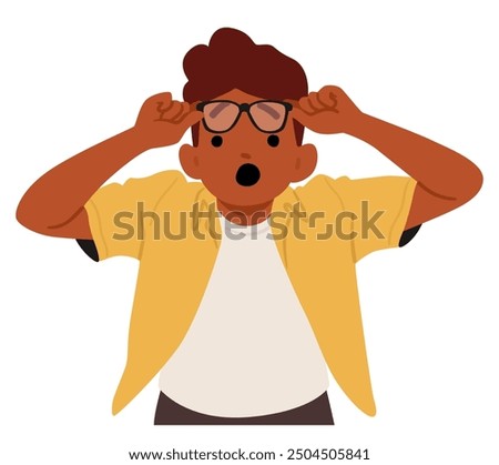 Surprised Boy Character Holding Glasses With Expression Of Astonishment. Vector Image Captures A Moment Of Shock And Unexpected Discovery, Emphasizing The Concepts Of Surprise, Reaction, And Emotions
