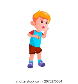 Überraschtes Kind, das auf den Vektorgrafik des Unfalls guckt. Schockierter kaukasischer Junge sah sich gefährliche Situation an. Aufregungszeichen für Säuglinge mit überraschender Emotion Flach Cartoon Illustration