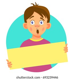 Surprised Boy holding blank poster. Blank message vector illustration. Hands holding blank paper
