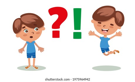 Surprised сhild boy near question mark, cheerful girl near exclamation mark. Signs and symbols, education. Funny cartoon character. Vector illustration, isolated on white background.