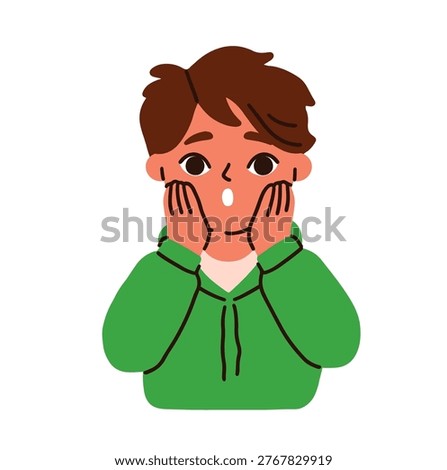 Surprised boy, open mouth in shock. Child character, amazed, astonished face expression, reaction to unexpected. Kid in amazement, astonishment. Flat vector illustration isolated on white background