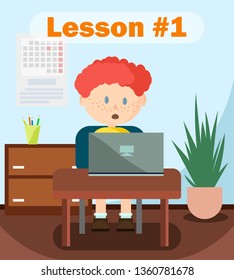 Surprised Boy Reading, Working Online on Laptop Banner Vector Illustration. Researching Project via Internet. Getting Information for Lesson at School. Studying with Modern Technologies.
