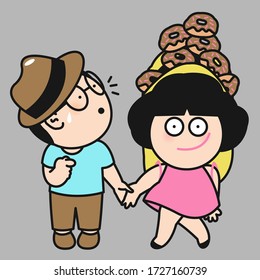 Surprised Boy Seeing Her Lover Girl Carry A Big Pile Of Donuts In Backpack Concept Card Character illustration