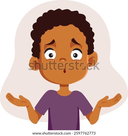 
Surprised Boy Shrugging Feeling Unsure Vector Cartoon Illustration. Stressed worried kid unsure having questions and insecurities
