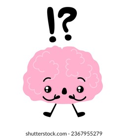 Surprised Brain character. Cartoon cute smiling brain with face. Stock vector illustration isolated on white background.