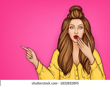 Surprised brown girl pointing by finger on something, pop art vector illustration. Amazed young woman with open mouth on pink background.