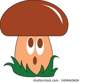 Um cogumelo marrom surpreso sentado na grama, vetor, desenho a cores ou ilustração. 