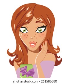 Surprised brunette with a gift. Vector illustration