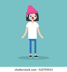 Surprised brunette girl standing with protruding eyes and open mouth / flat editable vector illustration