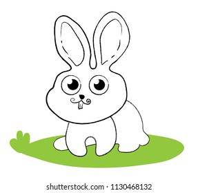 Surprised bunny rabbit sitting on green grass. Comic style line art icon. Use as illustration for childrens coloring wallpaper in nursery developing task in kindergarten. Vector isolated. Hand draw.