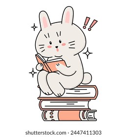 Surprised bunny reads a story and sitting on a stack of books. Children's leisure and hobbies. Love of reading. World Book Day. Vector illustration in cartoon style isolated on transparent background.