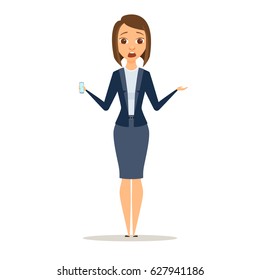 Surprised business woman shows phone. Afraid girl dressed in suit holding a digital device. Cartoon shocked manager or boss with smartphone isolated on white