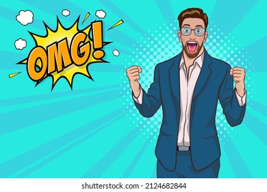surprised businessman in glasses hands up fist say OMG for success Pop Art Comic Style