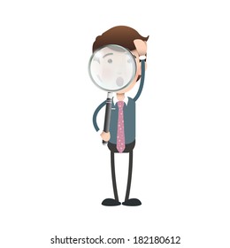 Surprised businessman holding a magnifying glass over white background