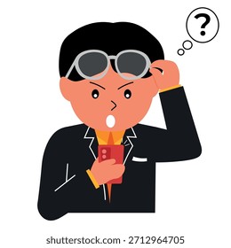 Hombre de negocios sorprendido que mira el smartphone mientras que levanta la ilustración de los vidrios en traje formal