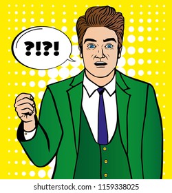 Surprised businessman, shocked and amazed eyes, product placement, retro Pop art style concept, bubble text box