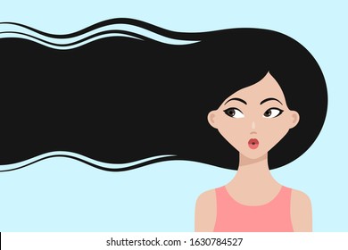 Surprised cartoon asian girl with long hair, looking at copy space, thinking about hair care or trendy hairstyle. Healthy hair concept. Design for beauty or hairdressing salons and fashion industry