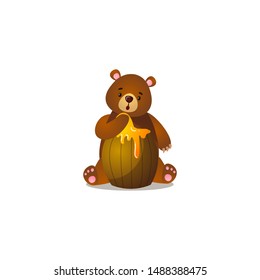 Surprised cartoon brown grizzly bear with barrel of honey