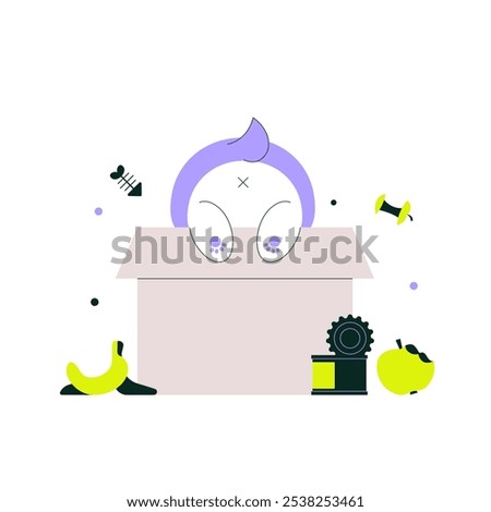Surprised Cartoon Character In Box With Office Supplies, Flat Vector Illustration, Isolated On White Background symbolizing Error Encountered