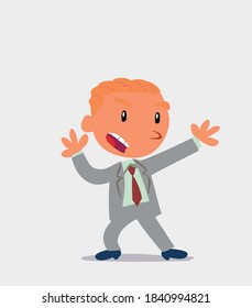 Surprised cartoon character of businessman points to something