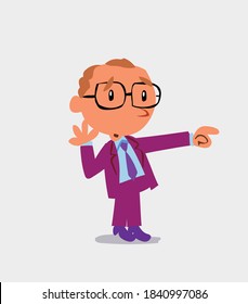 Surprised cartoon character of businessman points to something to his side