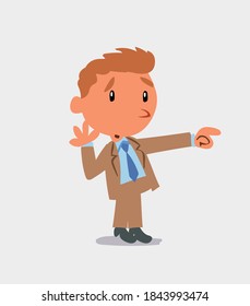 Surprised cartoon character of businessman points to something to his side