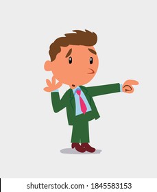 Surprised cartoon character of businessman points to something to his side