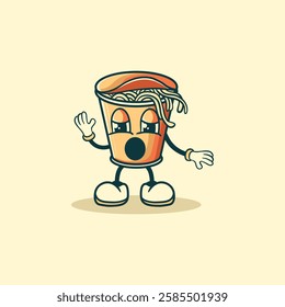 A surprised cartoon character depicting a cup of instant noodles with a shocked facial expression and outstretched arms.